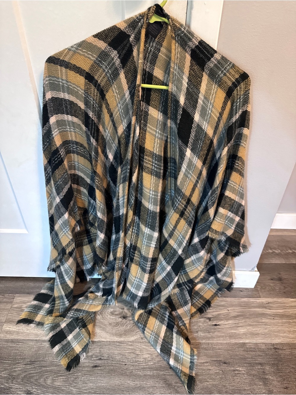 Plaid Fringe Blanket Wrap in Mustard, Black & Cream